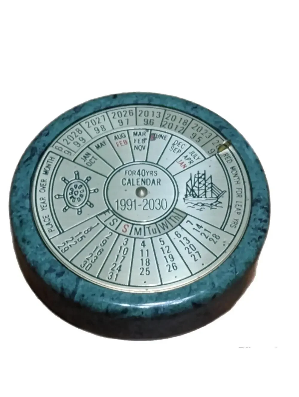 Vintage 19991-2030 Marble Brass 40 Year Perpetual Calendar Paper Weight Rare